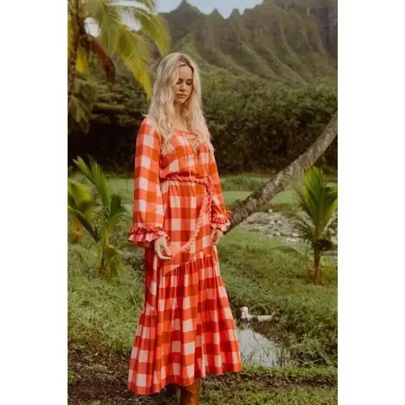 Sundress Isla Gingham Tiered Modal Maxi Dress Cream Coral Size XS/S - Picture 2 of 15